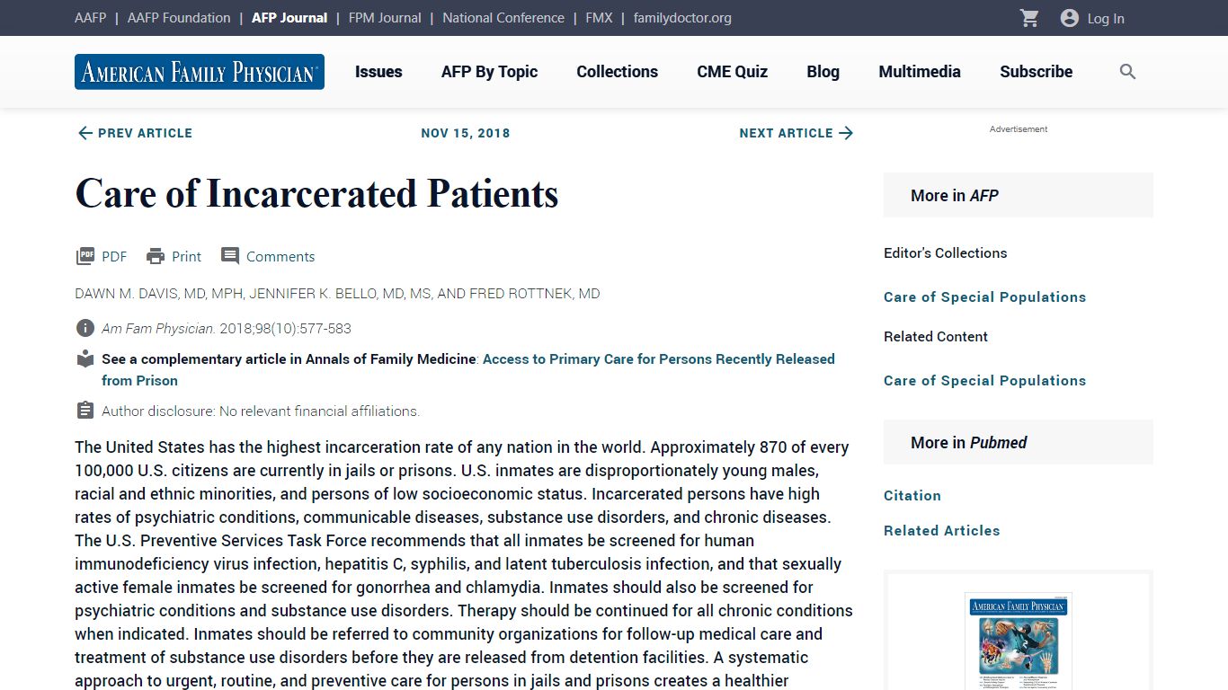 Care of Incarcerated Patients | AAFP